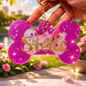 Personalized Pink Glitter Dog Bone Keychain - Stella